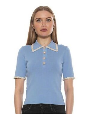 Alexia Admor Light Blue Knit Polo, Pearl Buttons Braided Trim Top, Size L